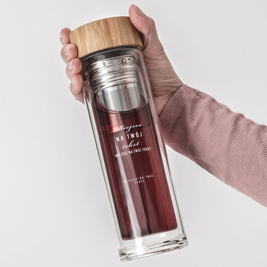 Szklany bidon z zaparzaczem TWÓJ TEKST 