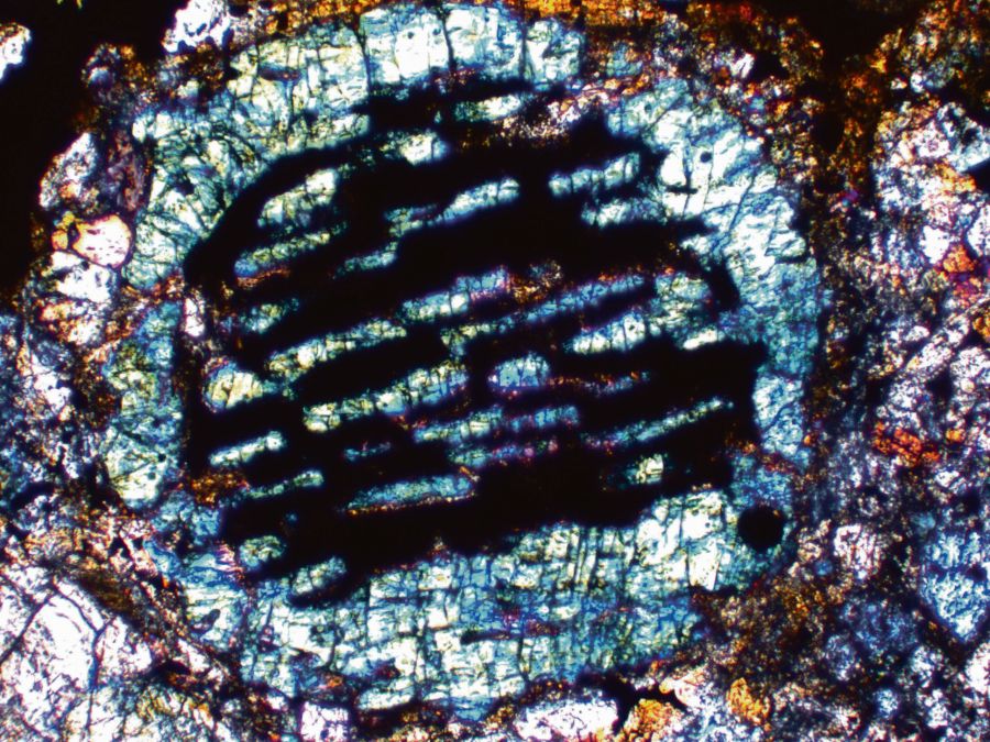 Oglądanie meteorytów pod mikroskopem jest jak podziwianie świetnej sztuki abstrakcyjnej. Na zdj. chondra z meteorytu Pułtusk.